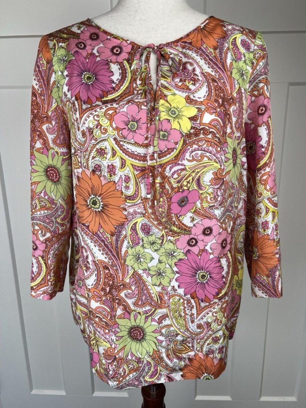 Talbots 100% Silk Floral Blouse Sz S Pink Orange Green Boho Tie Neck 3/4 Sleeve